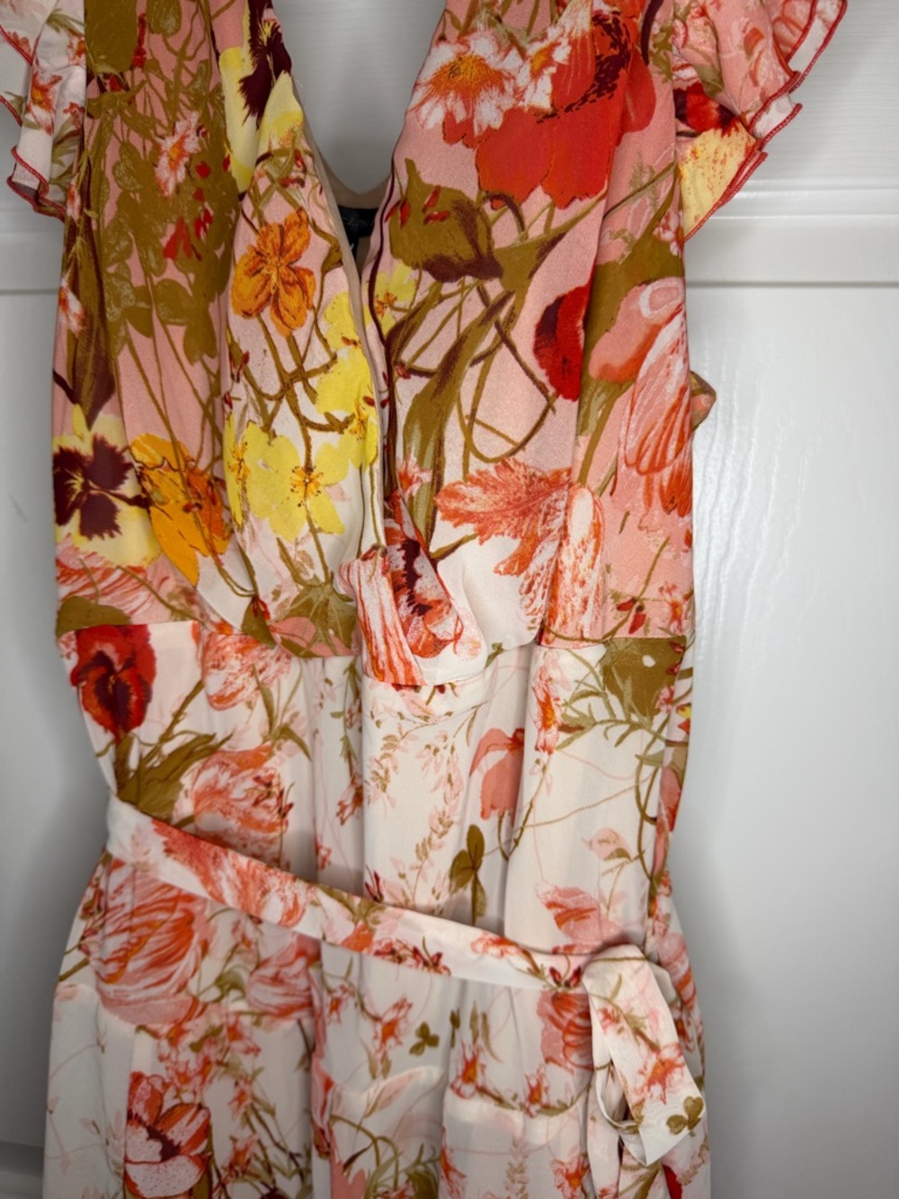 Floral V-Neck Ruffle Midi Dress in Pink Coral and Cream Sz 14W - Picture 4 of 6